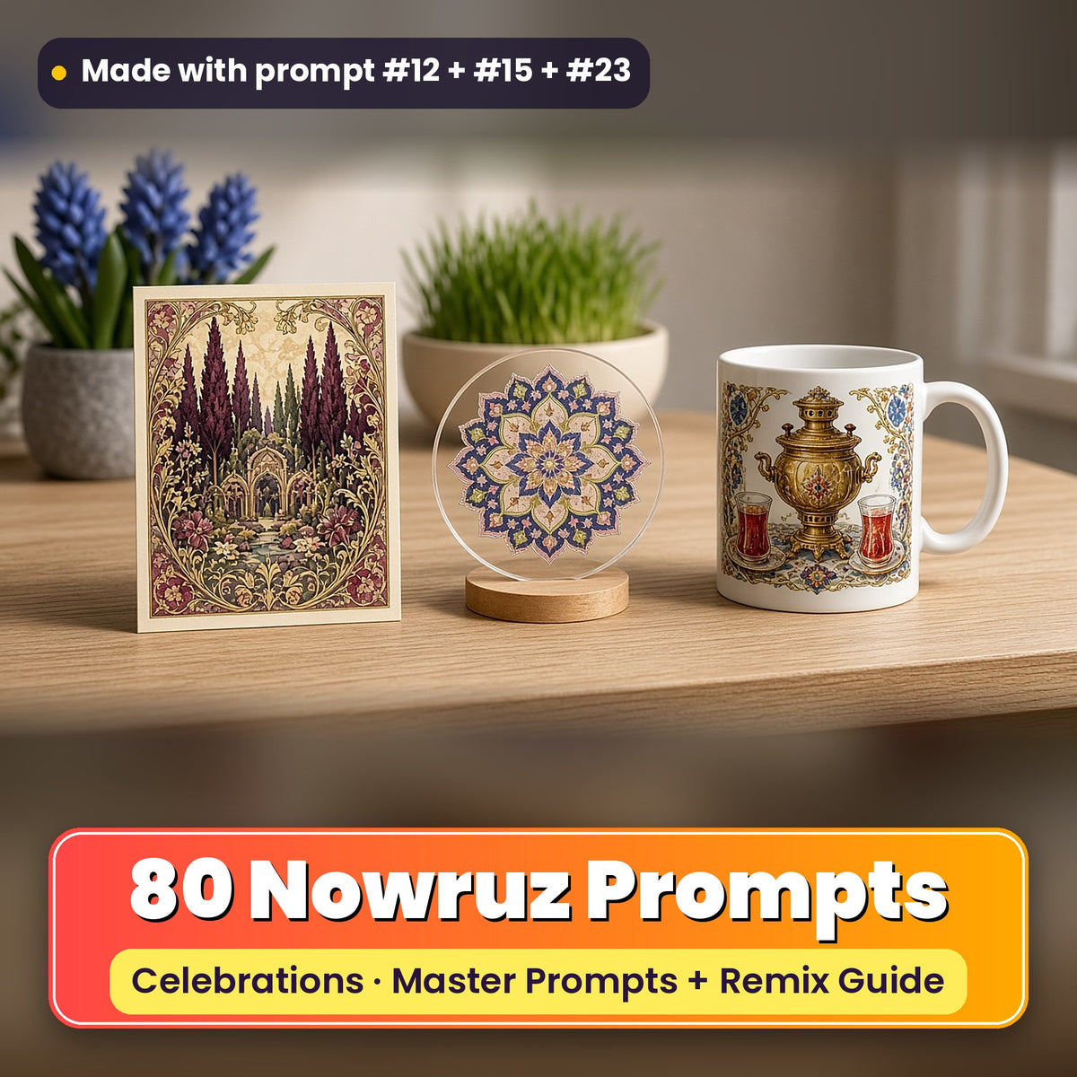 Nowruz prompt pack: 80 master prompts + Remix Guide, with a UV-printed greeting card, acrylic ornament and mug set made with prompts #12, #15 and #23