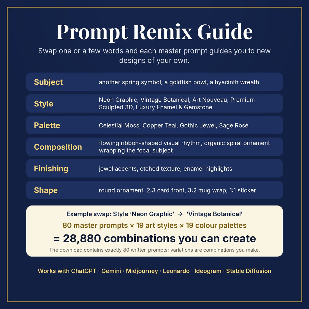 Prompt Remix Guide: swap subject, style, palette, composition, finishing and shape; 80 master prompts × 19 styles × 19 palettes = 28,880 combinations you can create
