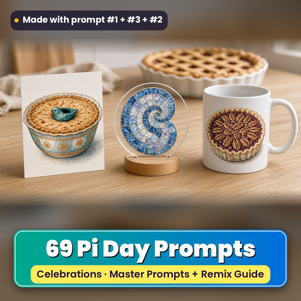 Pi Day prompt pack: 69 master prompts + Remix Guide, with a UV-printed greeting card, acrylic ornament and mug set made with prompts #1, #3 and #2