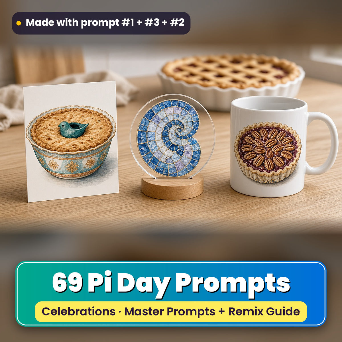 Pi Day prompt pack: 69 master prompts + Remix Guide, with a UV-printed greeting card, acrylic ornament and mug set made with prompts #1, #3 and #2