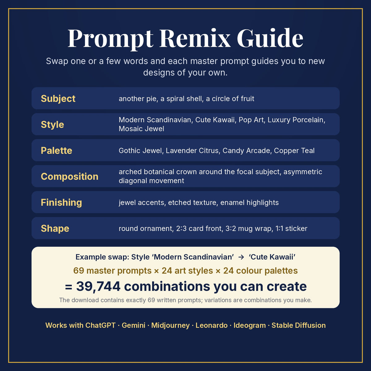 Prompt Remix Guide: swap subject, style, palette, composition, finishing and shape; 69 master prompts × 24 styles × 24 palettes = 39,744 combinations you can create