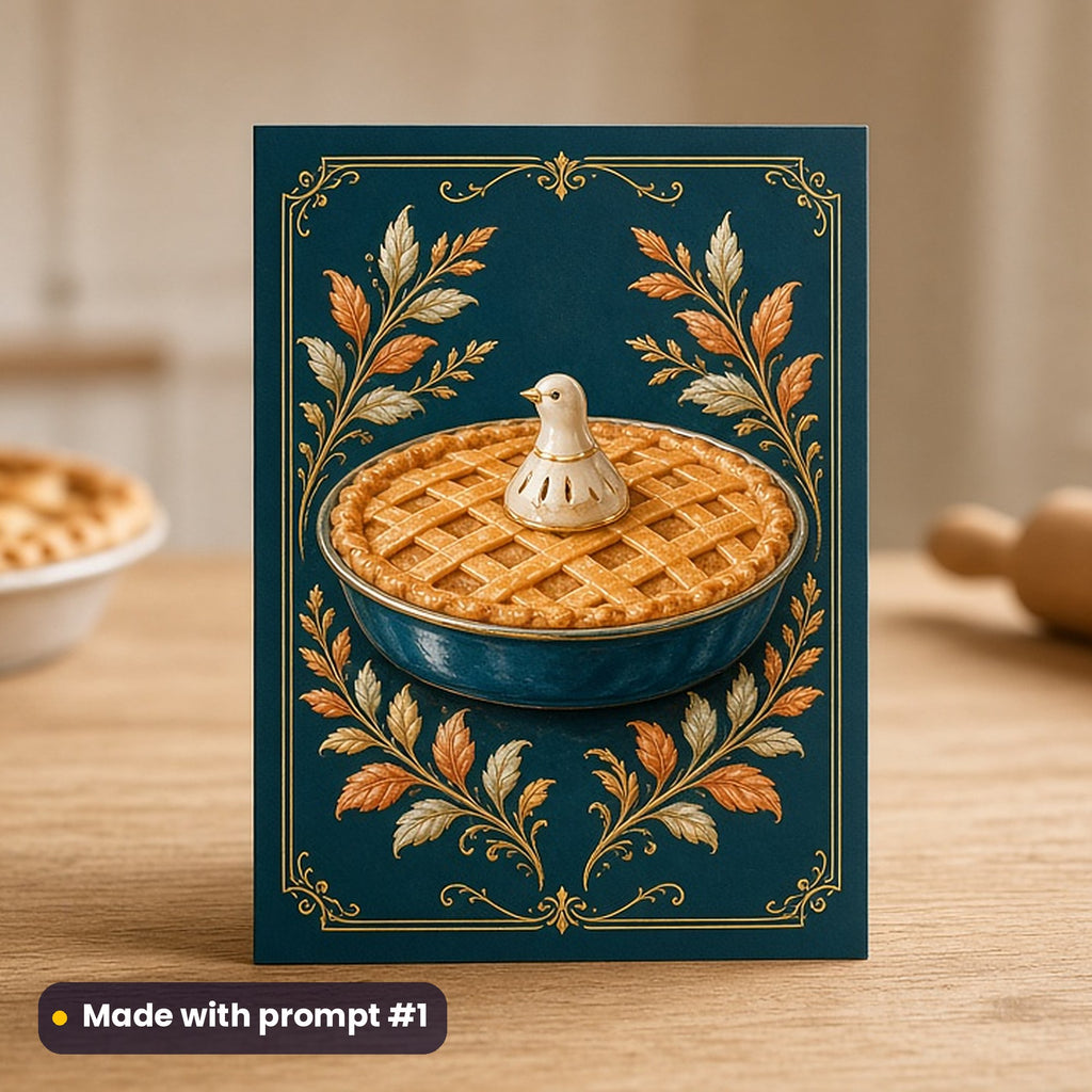 Pi Day artwork printed on a flat-printed greeting card: pie dish with a ceramic pie bird, luxury porcelain style, made with prompt #1 from this pack