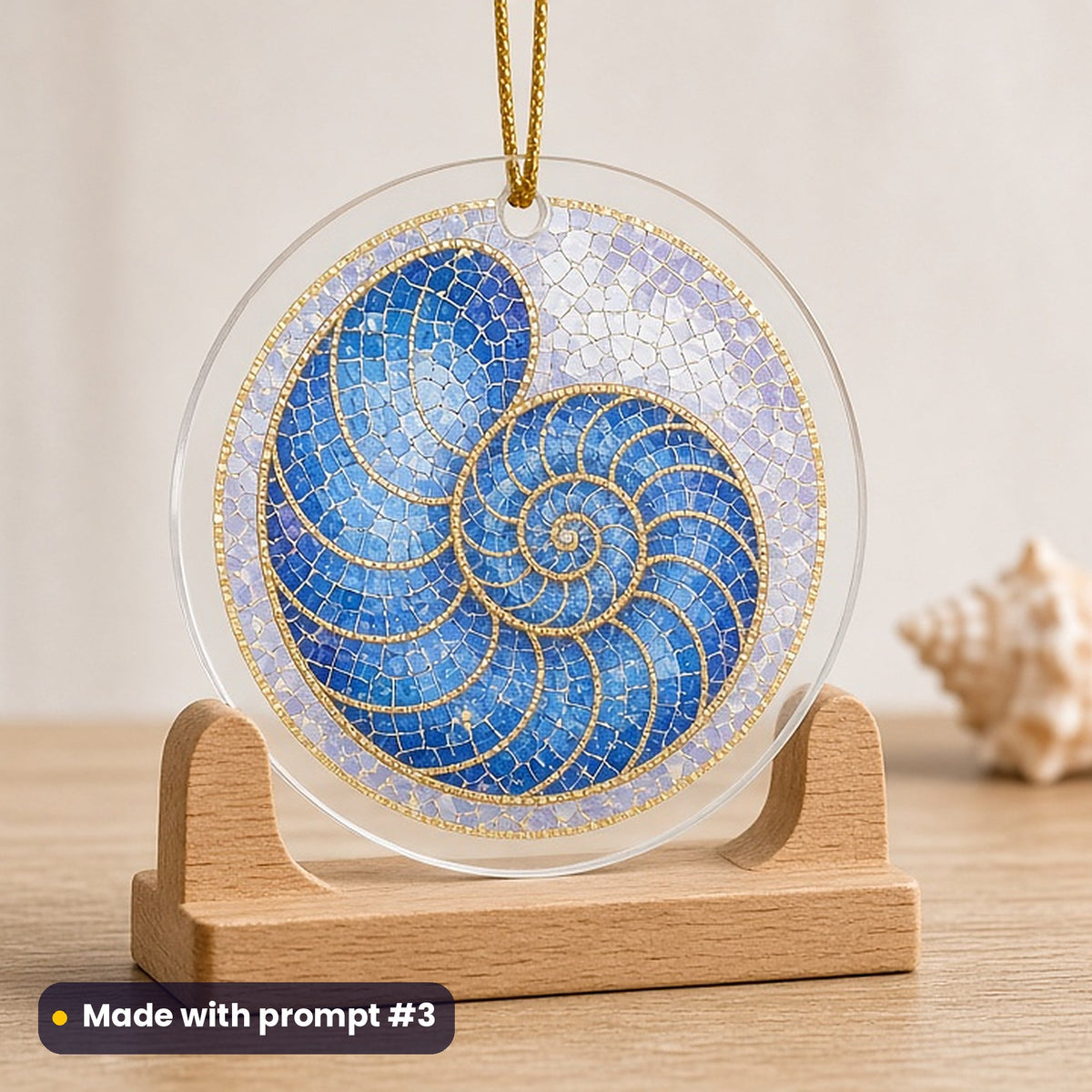 Pi Day artwork printed on a UV-printed clear acrylic ornament: nautilus shell cut in half showing its spiral, mosaic jewel style, made with prompt #3 from this pack