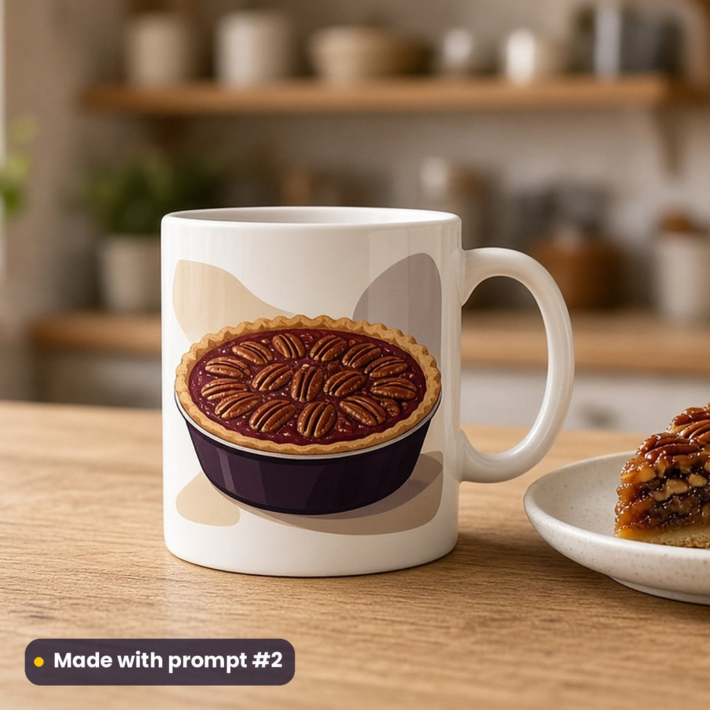 Pi Day artwork printed on a UV-printed ceramic mug: pecan pie glistening with caramel, modern scandinavian style, made with prompt #2 from this pack