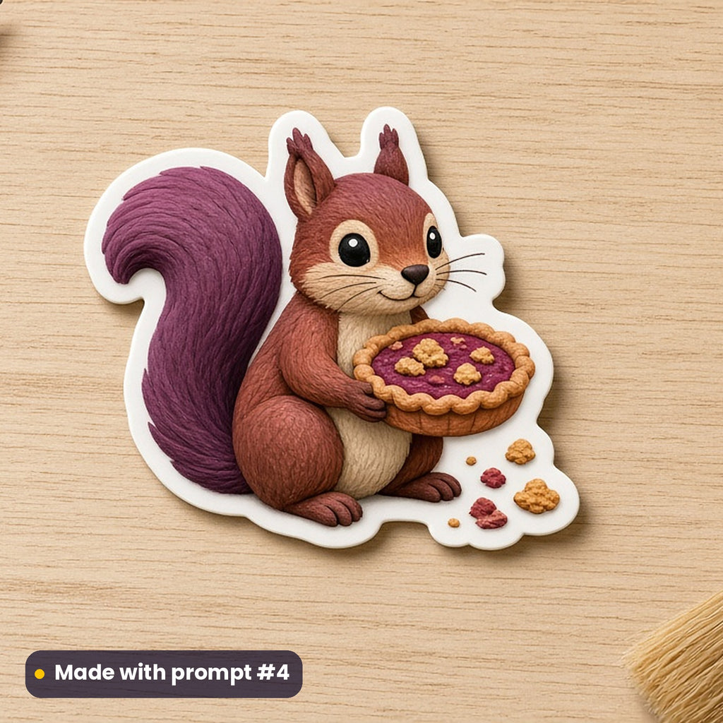 Pi Day artwork printed on a die-cut vinyl sticker: pie-eating squirrel with crumbs, handcrafted clay illusion style, made with prompt #4 from this pack