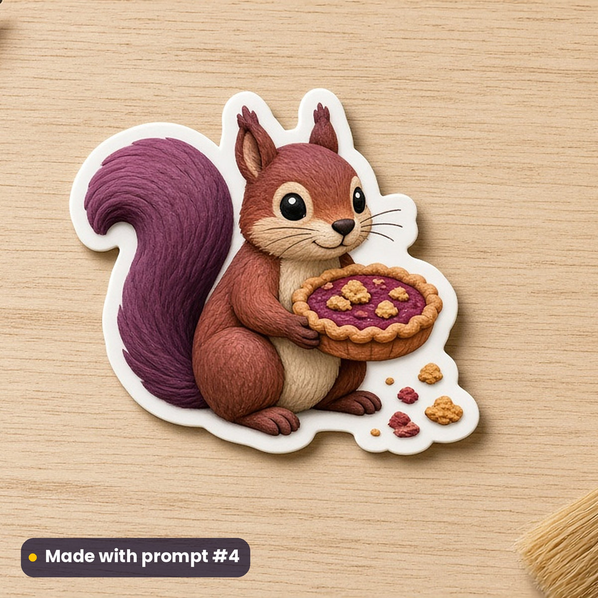 Pi Day artwork printed on a die-cut vinyl sticker: pie-eating squirrel with crumbs, handcrafted clay illusion style, made with prompt #4 from this pack
