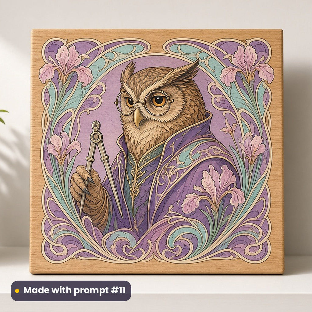 Pi Day artwork printed on a UV-printed wooden plaque: owl professor with a compass, art nouveau style, made with prompt #11 from this pack