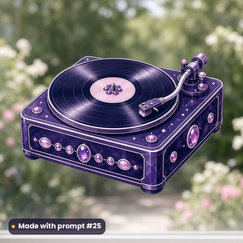 Pi Day artwork printed on a UV DTF decal on glass: record player spinning a vinyl disc, luxury enamel & gemstone style, made with prompt #25 from this pack