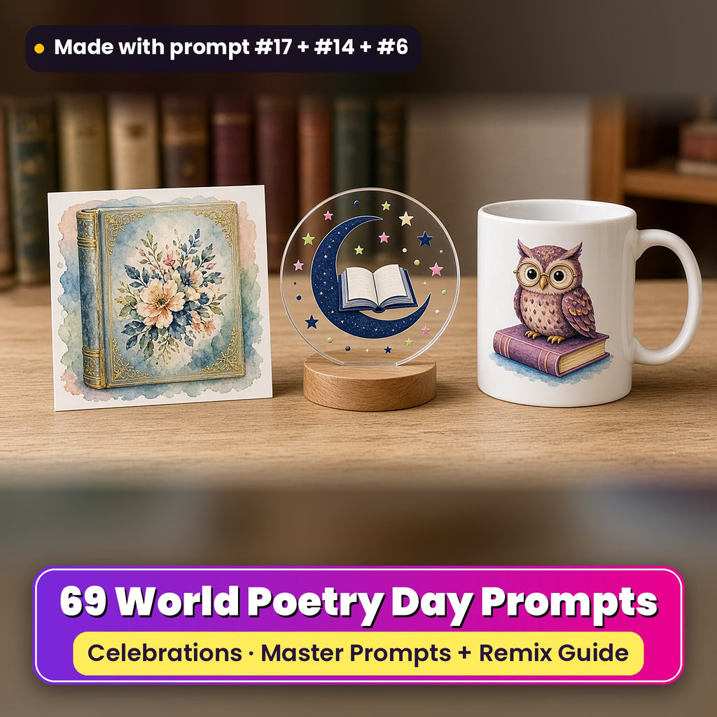 World Poetry Day prompt pack: 69 master prompts + Remix Guide, with a UV-printed greeting card, acrylic ornament and mug set made with prompts #17, #14 and #6