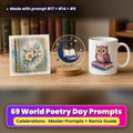 World Poetry Day prompt pack: 69 master prompts + Remix Guide, with a UV-printed greeting card, acrylic ornament and mug set made with prompts #17, #14 and #6