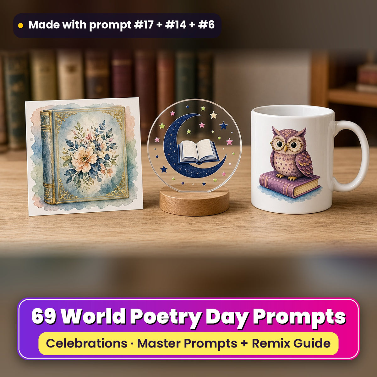 World Poetry Day prompt pack: 69 master prompts + Remix Guide, with a UV-printed greeting card, acrylic ornament and mug set made with prompts #17, #14 and #6