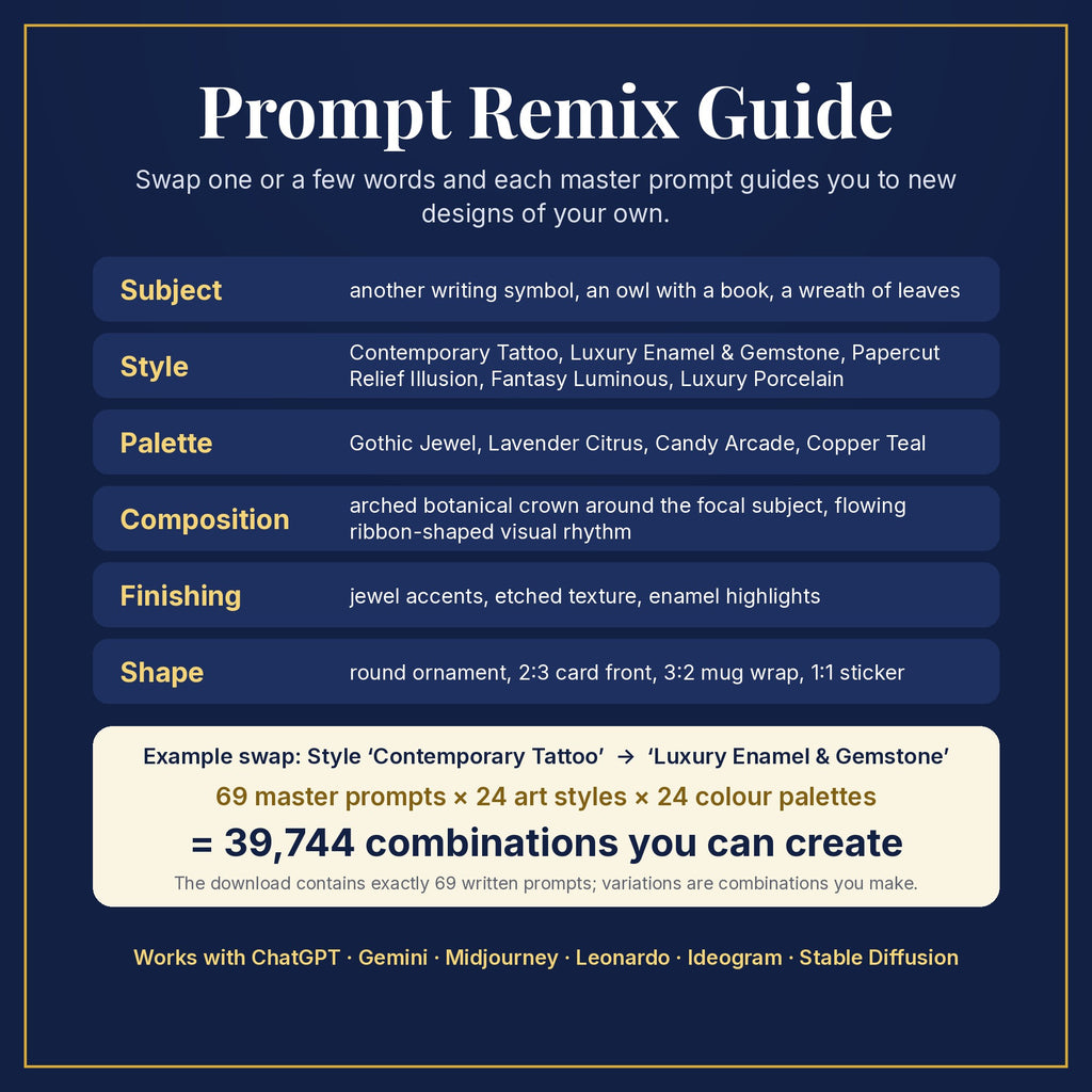 Prompt Remix Guide: swap subject, style, palette, composition, finishing and shape; 69 master prompts × 24 styles × 24 palettes = 39,744 combinations you can create