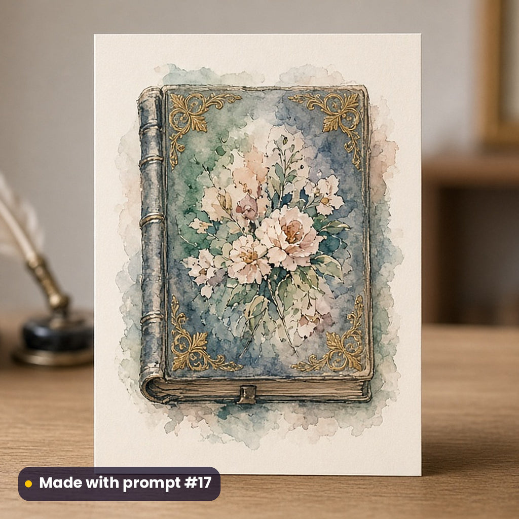 World Poetry Day artwork printed on a flat-printed greeting card: ornate book cover with gilded corners, no title, watercolour & ink style, made with prompt #17 from this pack