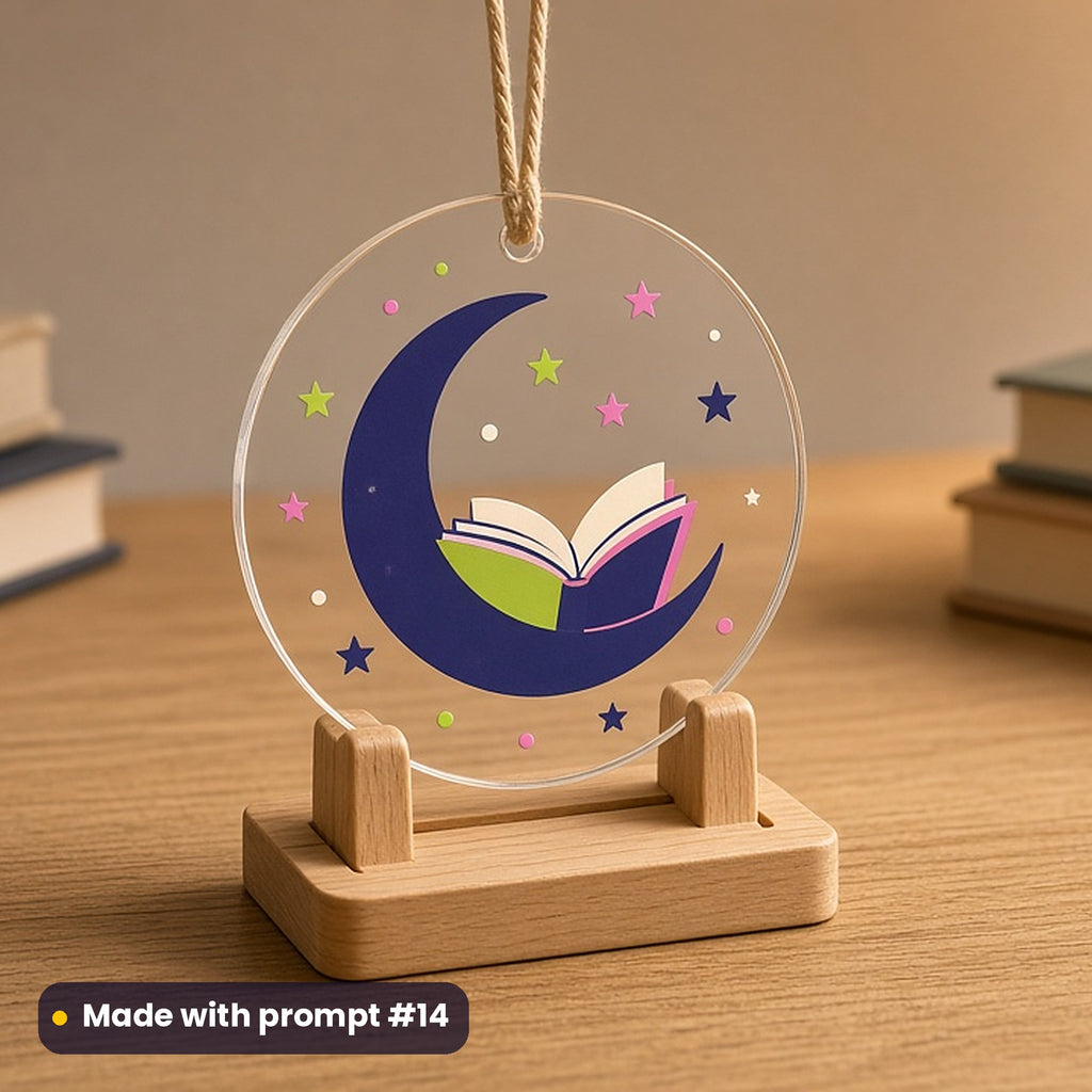 World Poetry Day artwork printed on a UV-printed clear acrylic ornament: moon reading a book among stars, minimal bold graphic style, made with prompt #14 from this pack