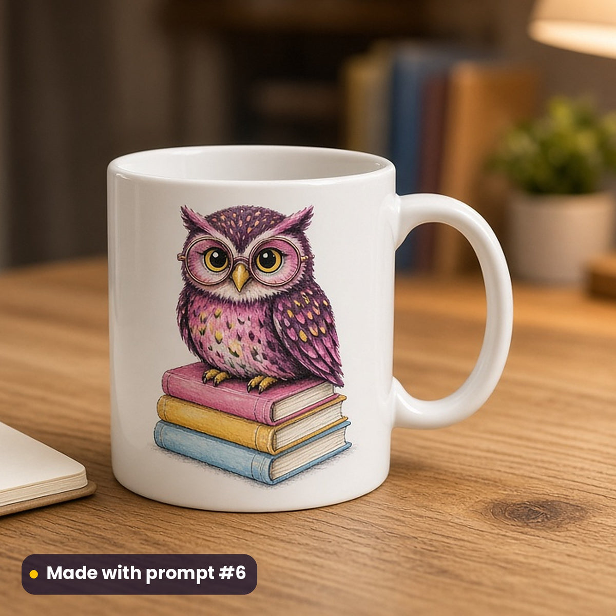 World Poetry Day artwork printed on a UV-printed ceramic mug: owl wearing spectacles on a book, handcrafted clay illusion style, made with prompt #6 from this pack