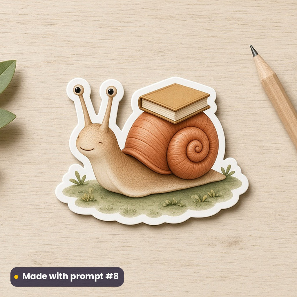 World Poetry Day artwork printed on a die-cut vinyl sticker: snail carrying a tiny book on its shell, premium sculpted 3d style, made with prompt #8 from this pack