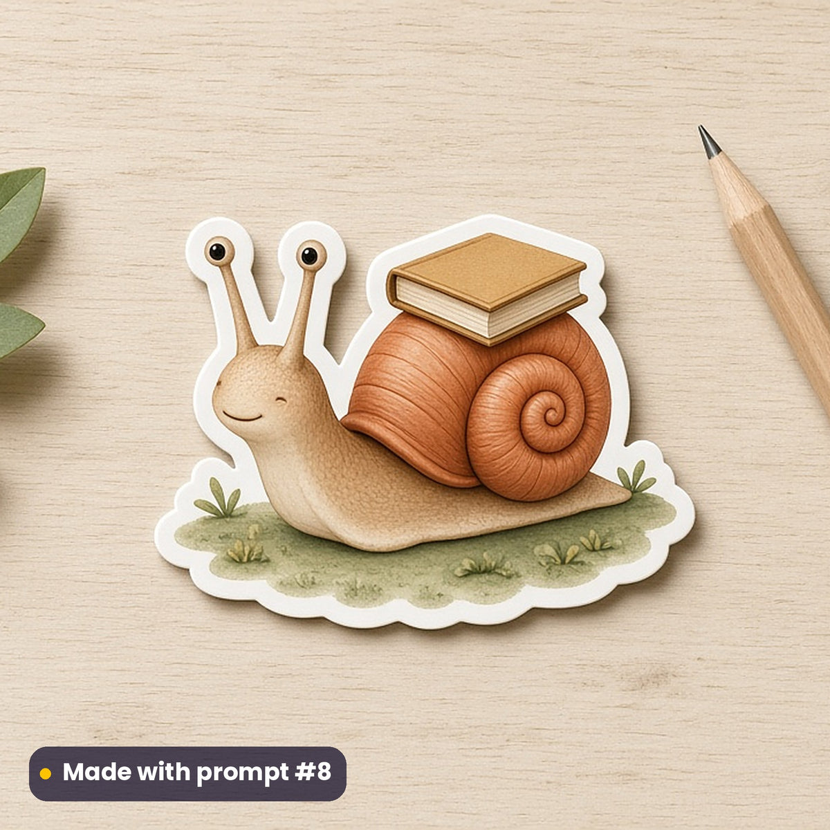 World Poetry Day artwork printed on a die-cut vinyl sticker: snail carrying a tiny book on its shell, premium sculpted 3d style, made with prompt #8 from this pack