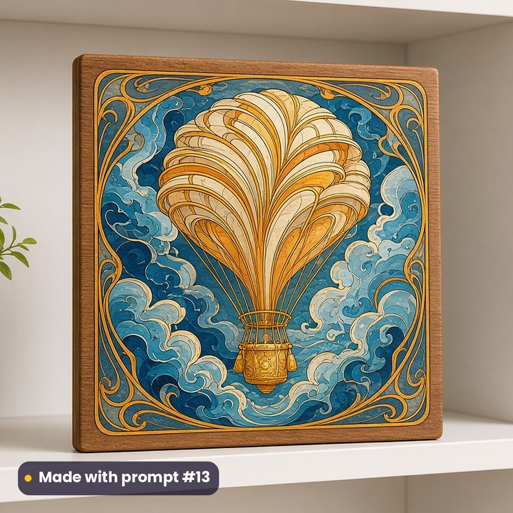 World Poetry Day artwork printed on a UV-printed wooden plaque: hot-air balloon made of book pages, art nouveau style, made with prompt #13 from this pack