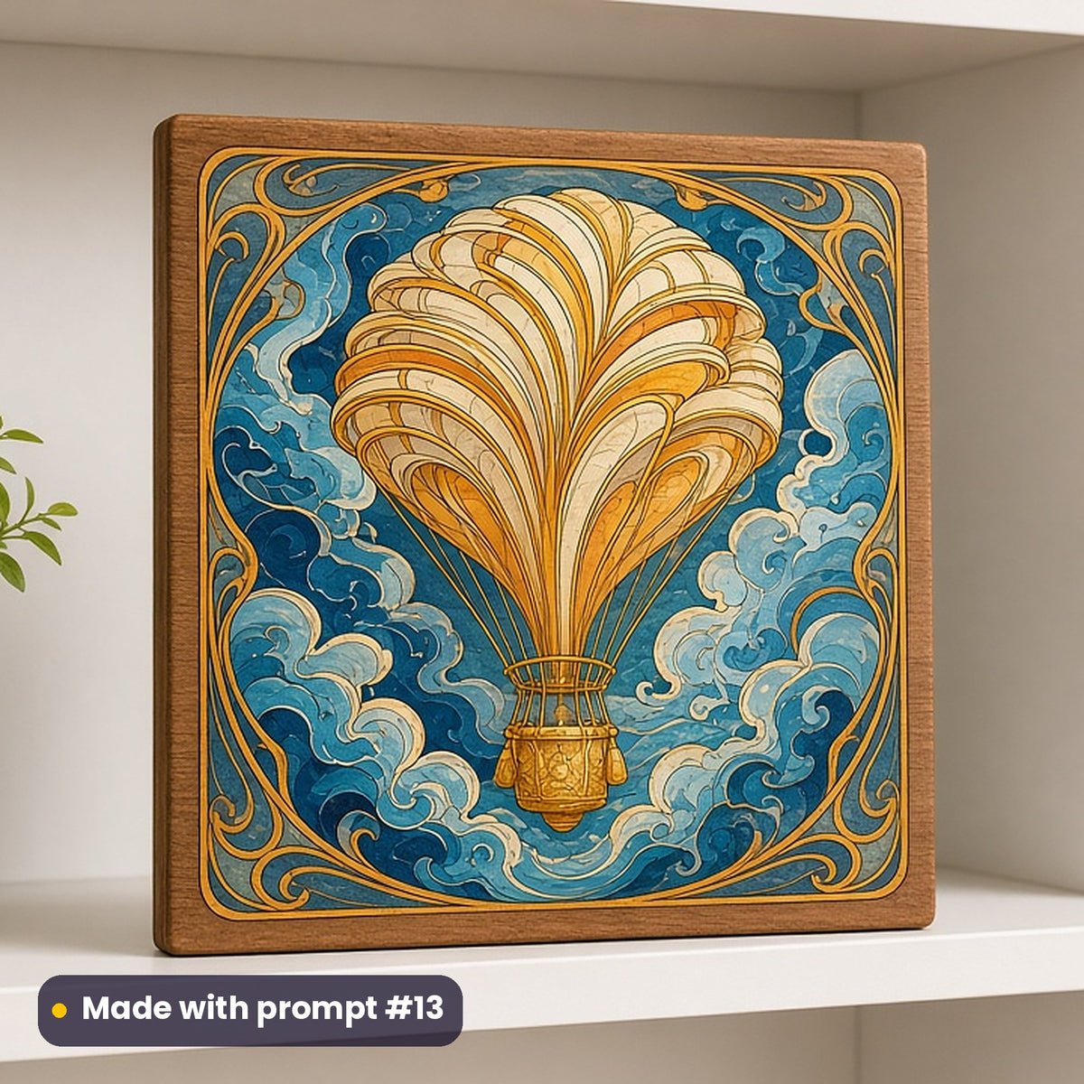 World Poetry Day artwork printed on a UV-printed wooden plaque: hot-air balloon made of book pages, art nouveau style, made with prompt #13 from this pack