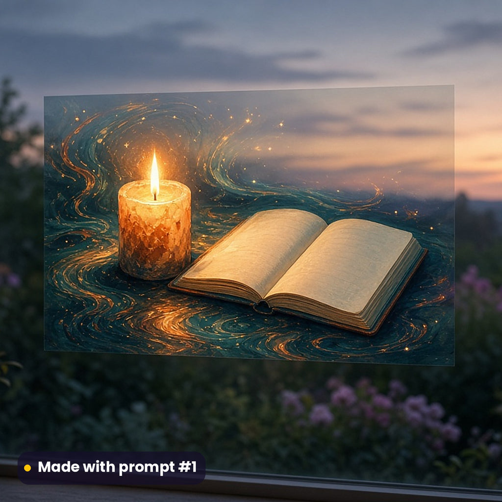 World Poetry Day artwork printed on a UV DTF decal on glass: candle burning beside an open notebook, fantasy luminous style, made with prompt #1 from this pack