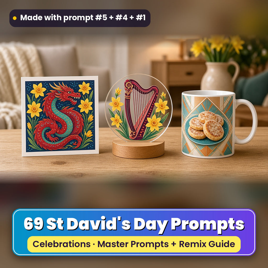 St David's Day prompt pack: 69 master prompts + Remix Guide, with a UV-printed greeting card, acrylic ornament and mug set made with prompts #5, #4 and #1