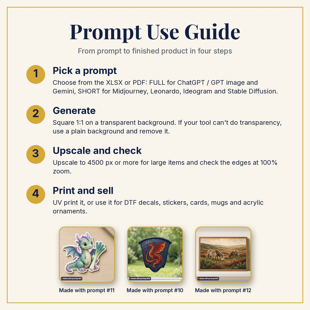 Prompt Use Guide: pick a prompt, generate, upscale and check, then print and sell, with example products made with prompts #11, #10 and #12