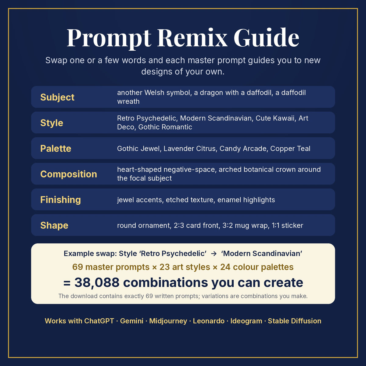 Prompt Remix Guide: swap subject, style, palette, composition, finishing and shape; 69 master prompts × 23 styles × 24 palettes = 38,088 combinations you can create