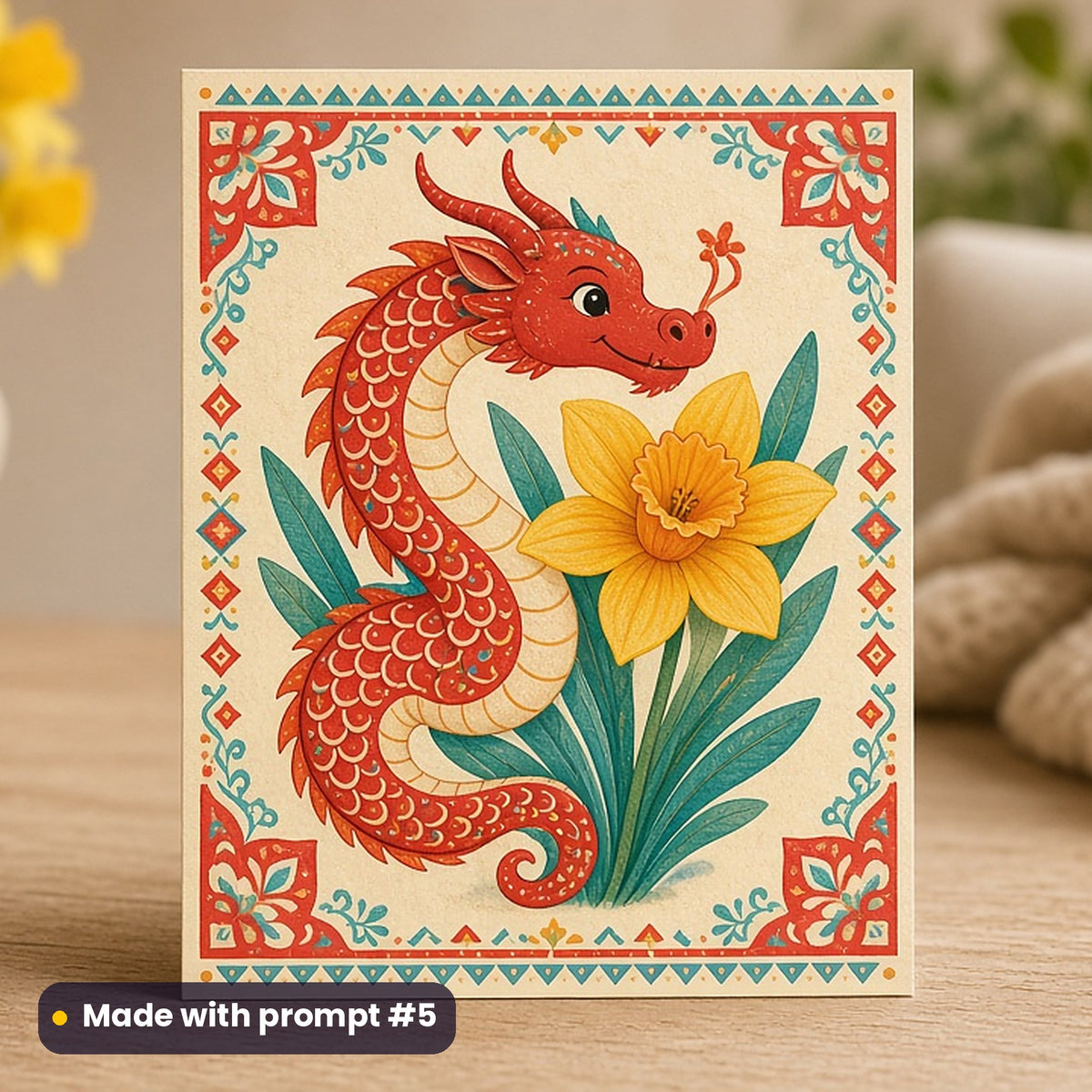 St David's Day artwork printed on a flat-printed greeting card: original red dragon curled around a daffodil, folk art style, made with prompt #5 from this pack