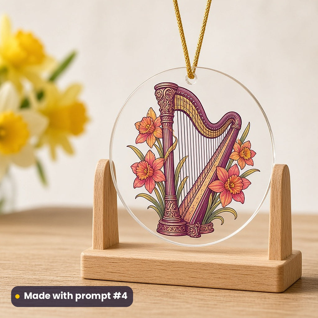 St David's Day artwork printed on a UV-printed clear acrylic ornament: ornate triple harp with daffodils twined round its pillar, minimal bold graphic style, made with prompt #4 from this pack