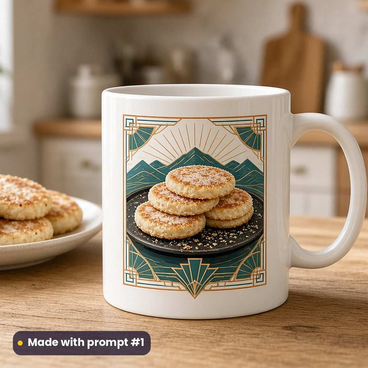 St David's Day artwork printed on a UV-printed ceramic mug: plate of sugar-dusted Welsh cakes on a griddle, art deco style, made with prompt #1 from this pack
