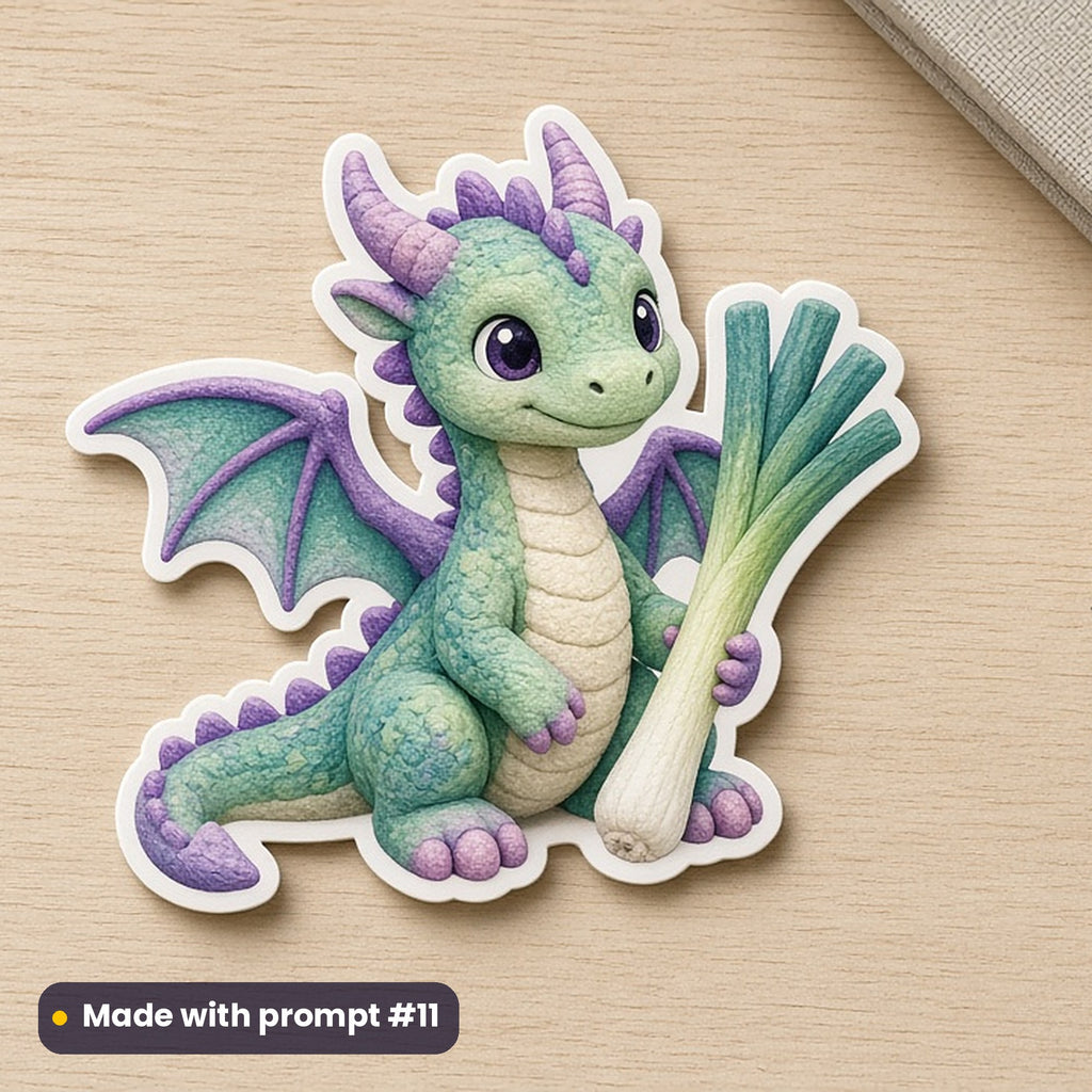 St David's Day artwork printed on a die-cut vinyl sticker: friendly little dragon holding a leek, handcrafted clay illusion style, made with prompt #11 from this pack