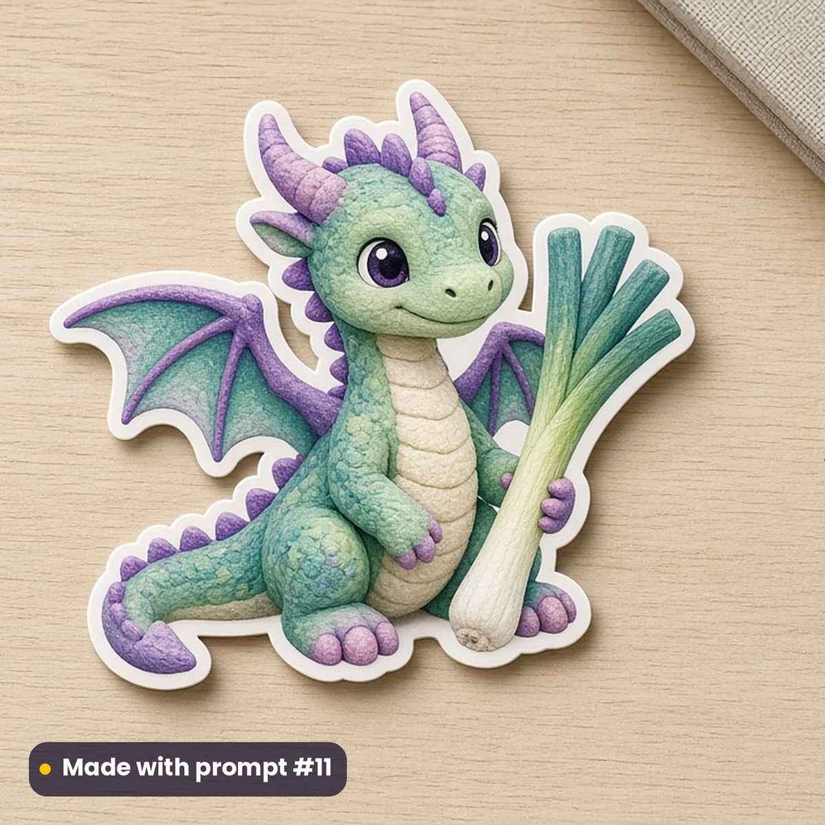 St David's Day artwork printed on a die-cut vinyl sticker: friendly little dragon holding a leek, handcrafted clay illusion style, made with prompt #11 from this pack