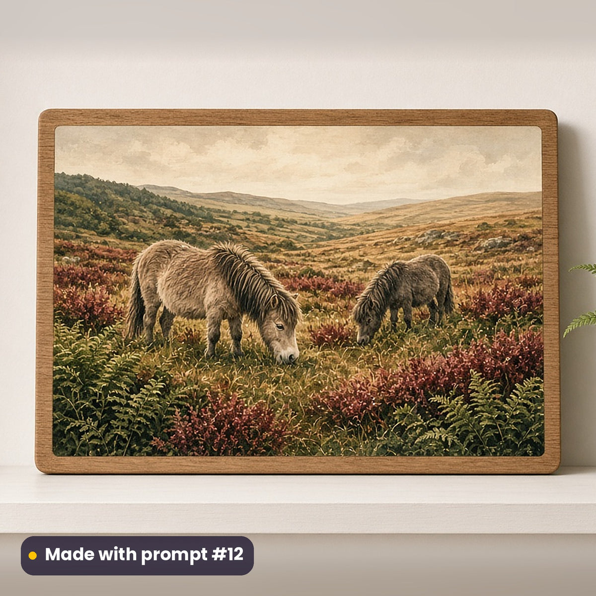St David's Day artwork printed on a UV-printed wooden plaque: wild Welsh ponies grazing on a moor, cottagecore style, made with prompt #12 from this pack