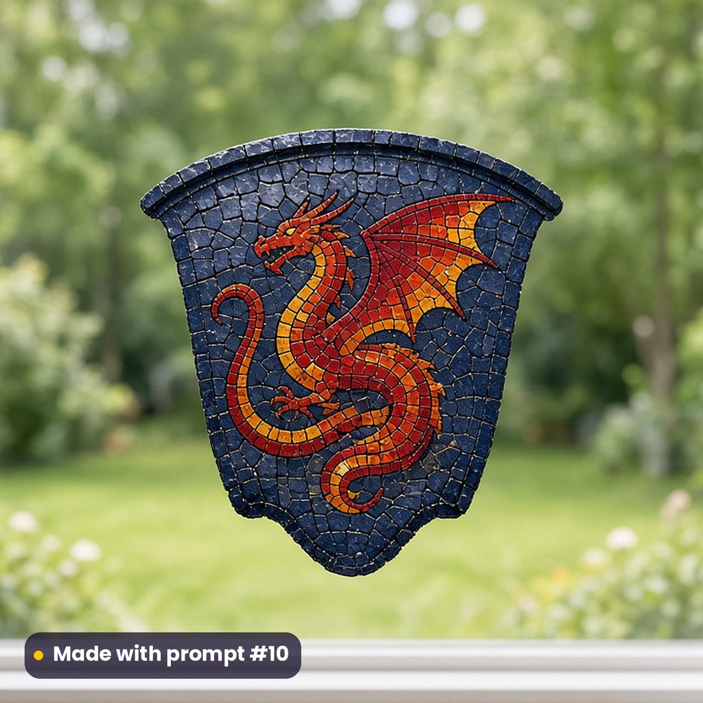 St David's Day artwork printed on a UV DTF decal on glass: slate roof tile painted with a dragon, mosaic jewel style, made with prompt #10 from this pack