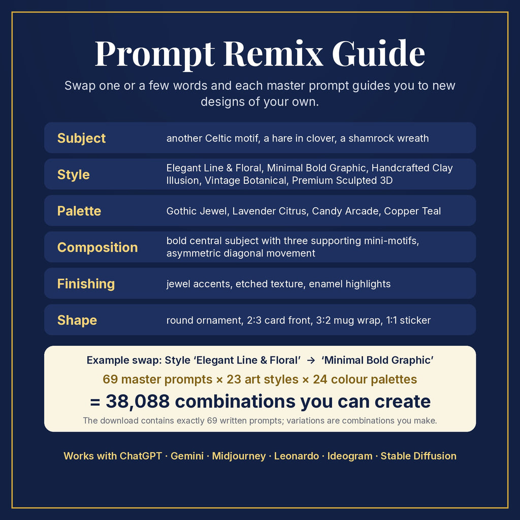 Prompt Remix Guide: swap subject, style, palette, composition, finishing and shape; 69 master prompts × 23 styles × 24 palettes = 38,088 combinations you can create