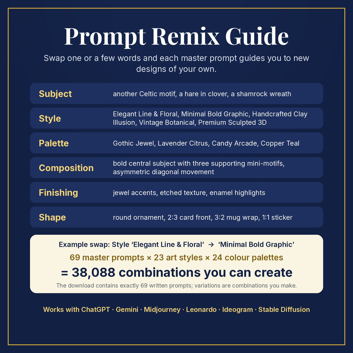 Prompt Remix Guide: swap subject, style, palette, composition, finishing and shape; 69 master prompts × 23 styles × 24 palettes = 38,088 combinations you can create