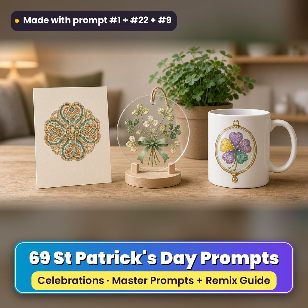 St Patrick's Day prompt pack: 69 master prompts + Remix Guide, with a UV-printed greeting card, acrylic ornament and mug set made with prompts #1, #22 and #9