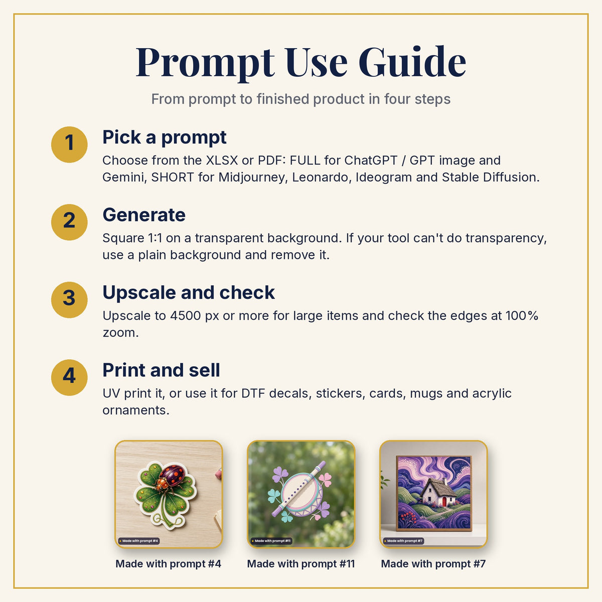 Prompt Use Guide: pick a prompt, generate, upscale and check, then print and sell, with example products made with prompts #4, #11 and #7