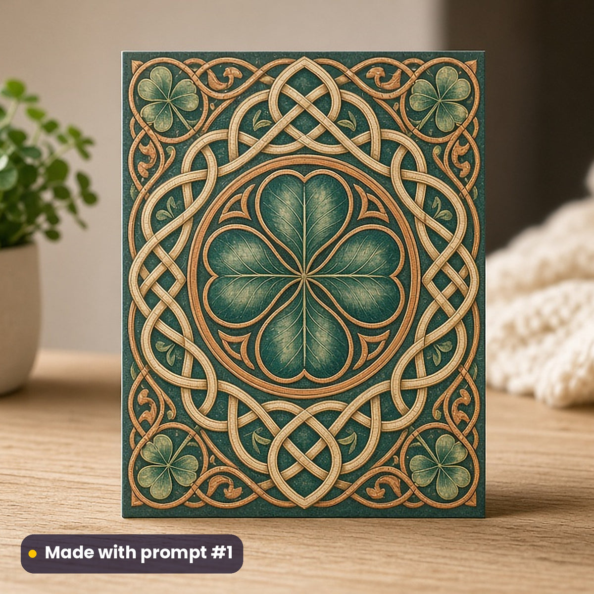 St Patrick's Day artwork printed on a flat-printed greeting card: Celtic knot shamrock medallion, vintage botanical style, made with prompt #1 from this pack