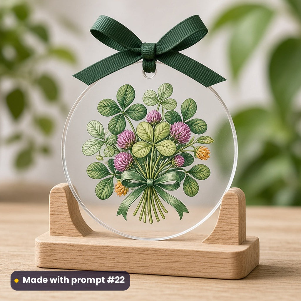 St Patrick's Day artwork printed on a UV-printed clear acrylic ornament: bunch of shamrocks tied with a green ribbon, vintage botanical style, made with prompt #22 from this pack
