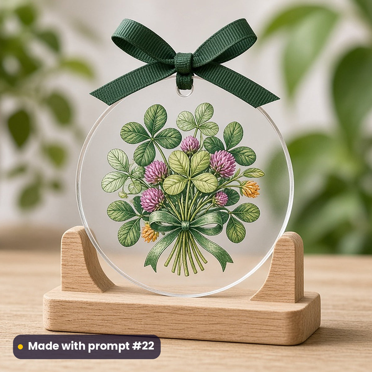 St Patrick's Day artwork printed on a UV-printed clear acrylic ornament: bunch of shamrocks tied with a green ribbon, vintage botanical style, made with prompt #22 from this pack