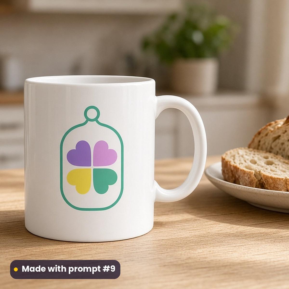 St Patrick's Day artwork printed on a UV-printed ceramic mug: four-leaf clover in a glass locket, minimal bold graphic style, made with prompt #9 from this pack
