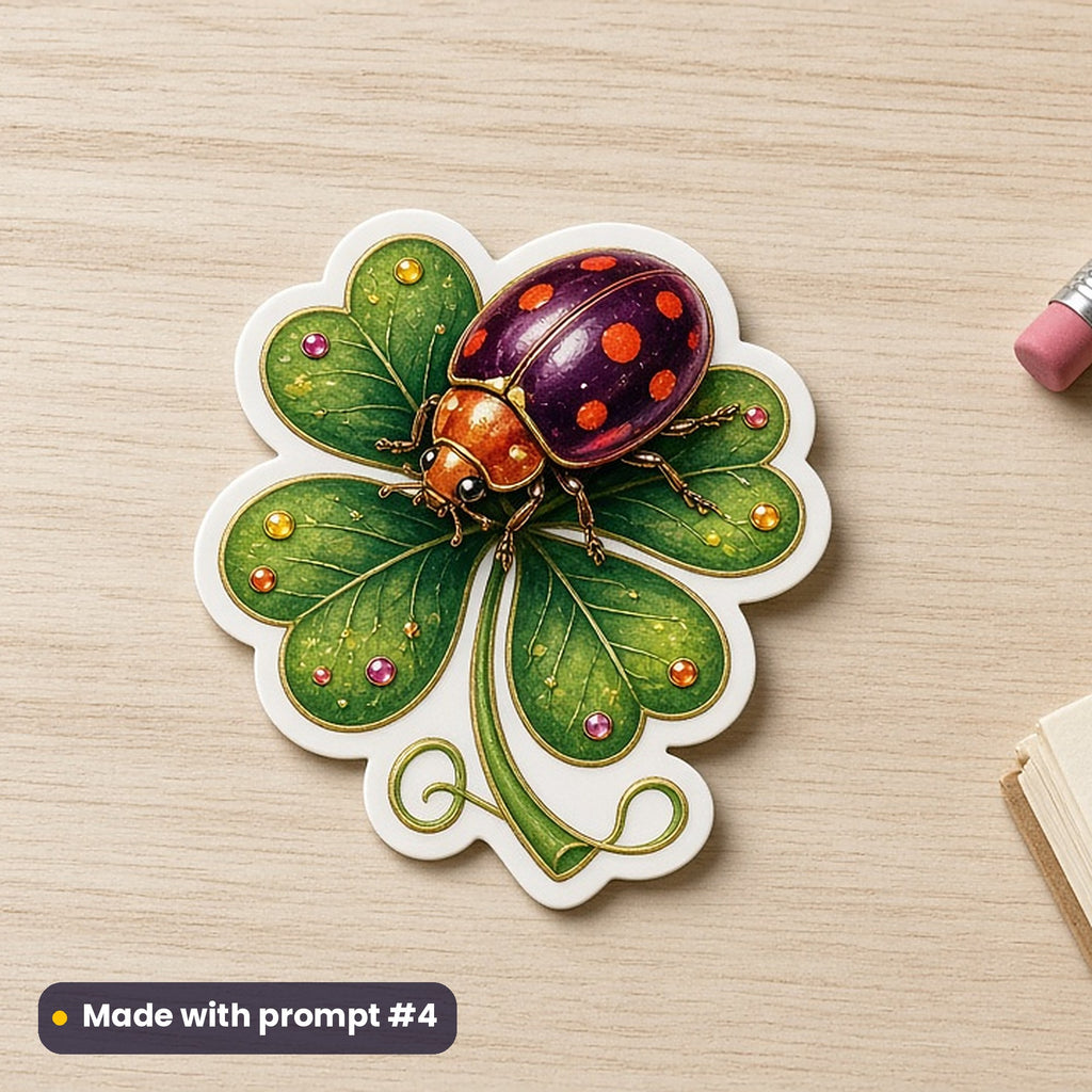 St Patrick's Day artwork printed on a die-cut vinyl sticker: ladybird on a four-leaf clover, luxury enamel & gemstone style, made with prompt #4 from this pack