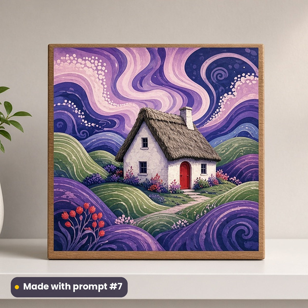 St Patrick's Day artwork printed on a UV-printed wooden plaque: cottage with a thatched roof and red door, original design, retro psychedelic style, made with prompt #7 from this pack