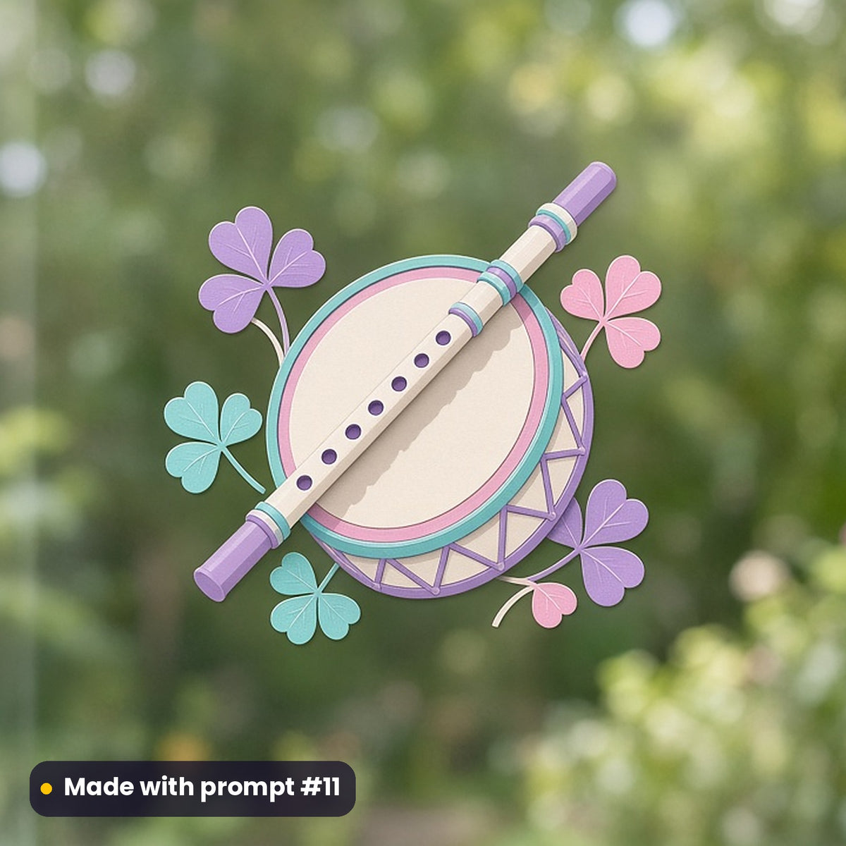 St Patrick's Day artwork printed on a UV DTF decal on glass: tin whistle and bodhrán drum, papercut relief illusion style, made with prompt #11 from this pack