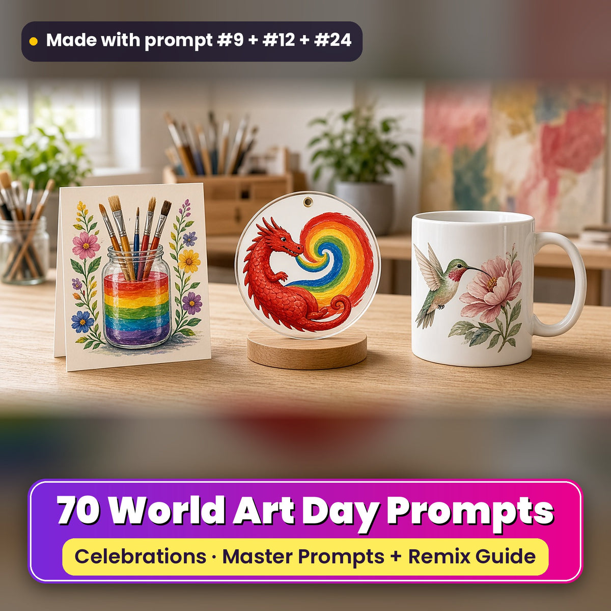 World Art Day prompt pack: 70 master prompts + Remix Guide, with a UV-printed greeting card, acrylic ornament and mug set made with prompts #9, #12 and #24