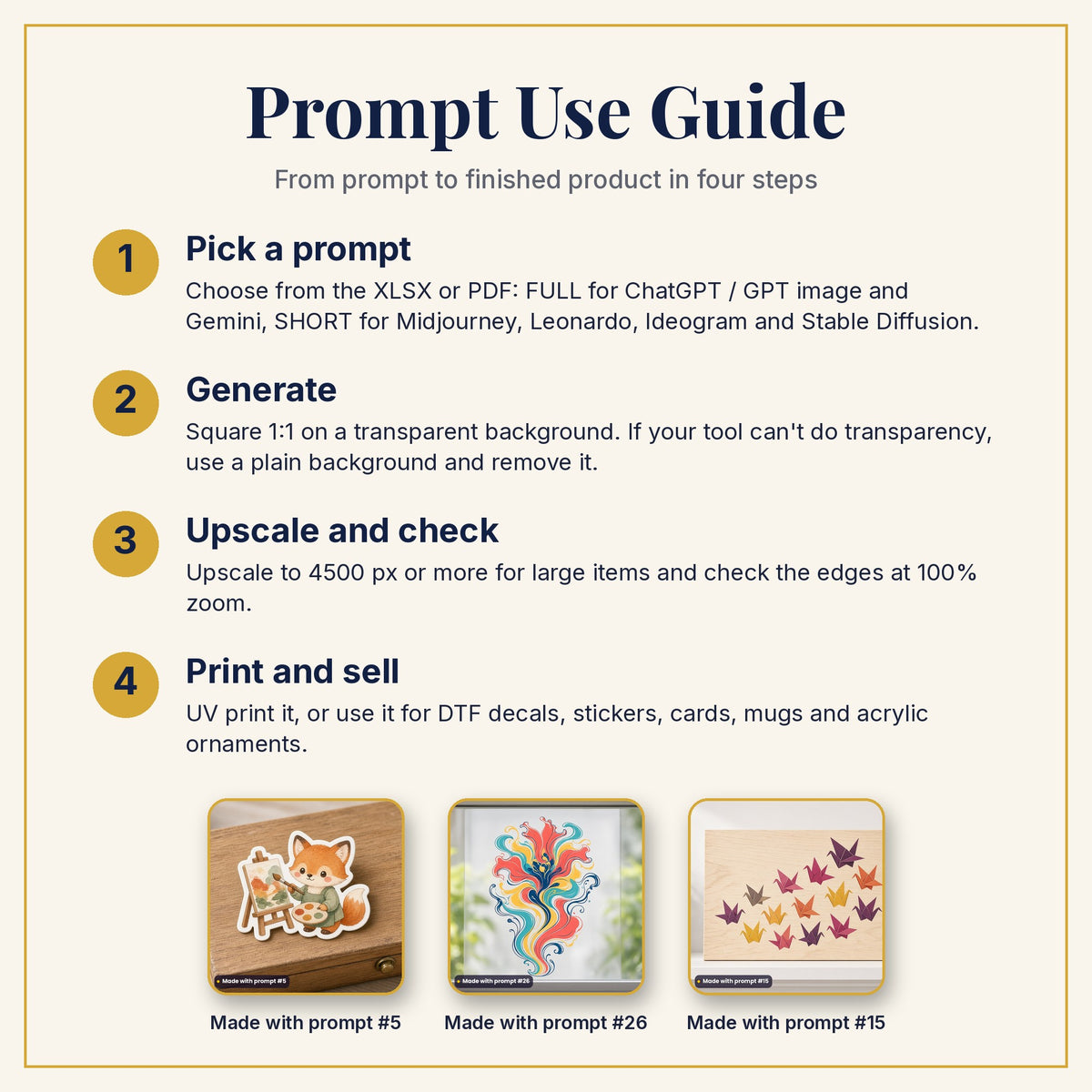 Prompt Use Guide: pick a prompt, generate, upscale and check, then print and sell, with example products made with prompts #5, #26 and #15