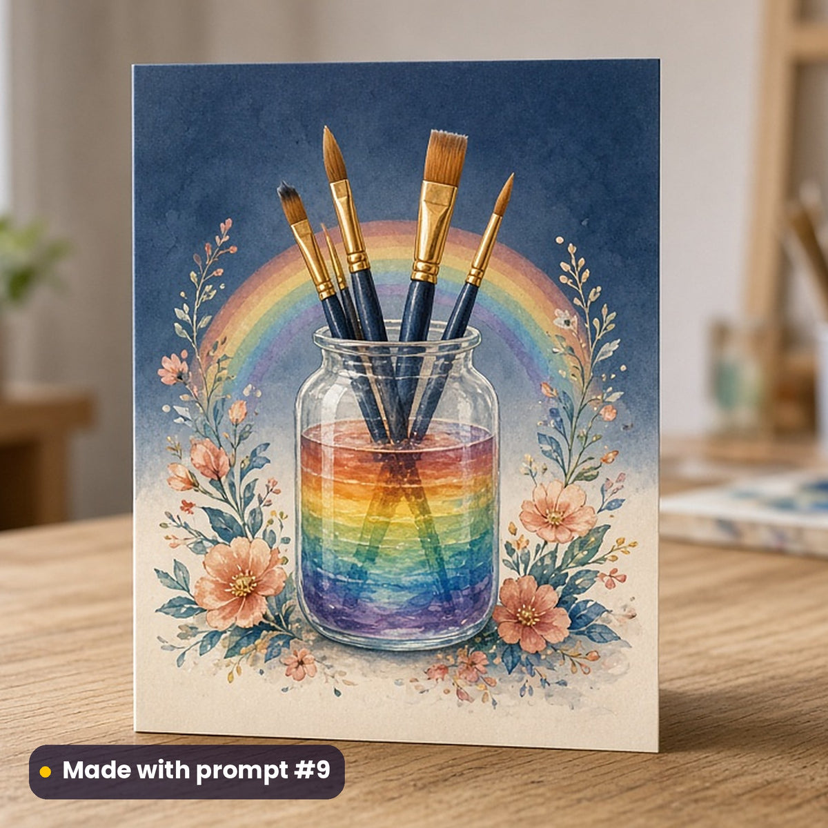 World Art Day artwork printed on a flat-printed greeting card: paintbrushes in a glass jar of rainbow water, folk art style, made with prompt #9 from this pack