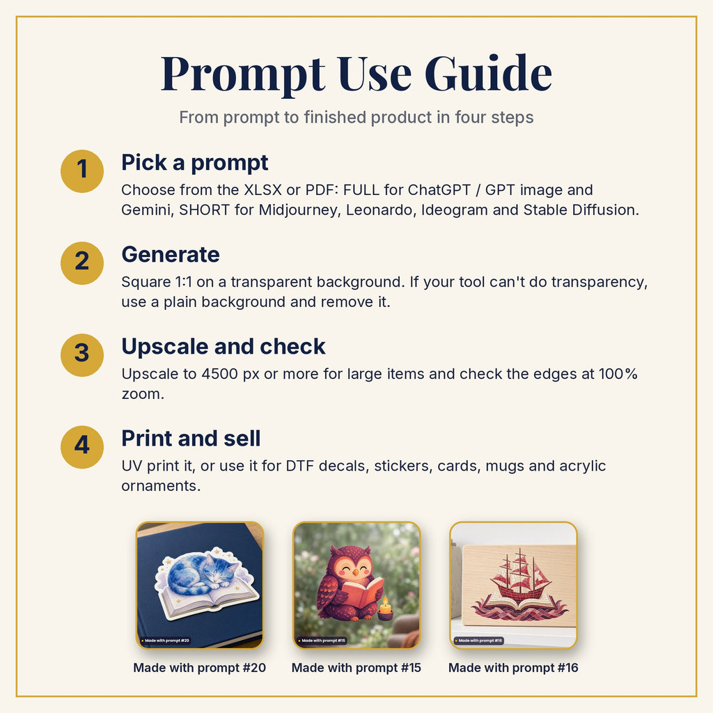 Prompt Use Guide: pick a prompt, generate, upscale and check, then print and sell, with example products made with prompts #20, #15 and #16