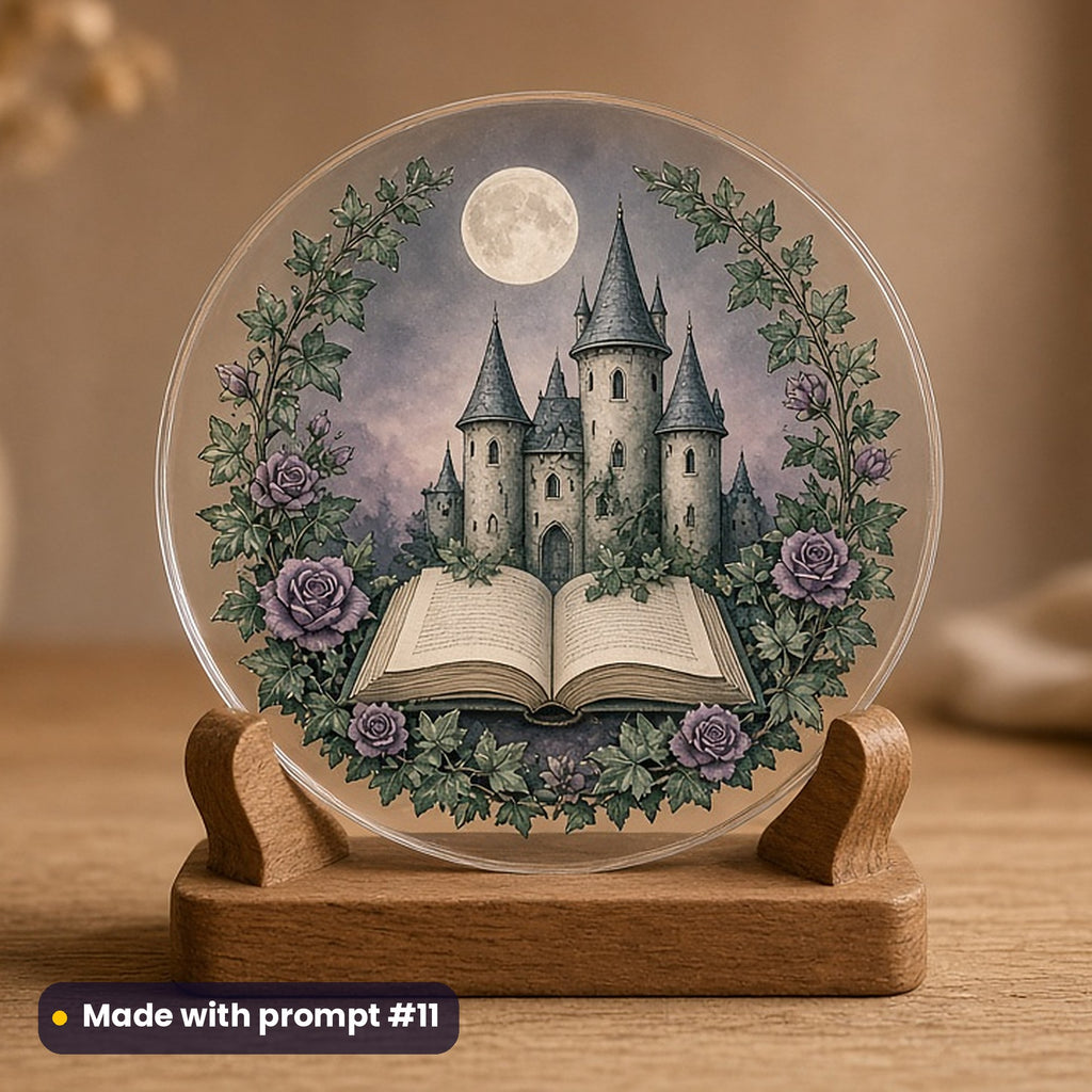 World Book and Copyright Day artwork printed on a UV-printed clear acrylic ornament: castle growing out of an open book, gothic romantic style, made with prompt #11 from this pack